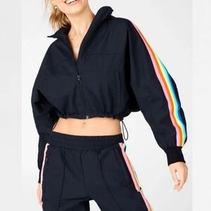 Fabletics Black "Carol" Cropped Rainbow Sleeve Stripe Windbreaker Jacket